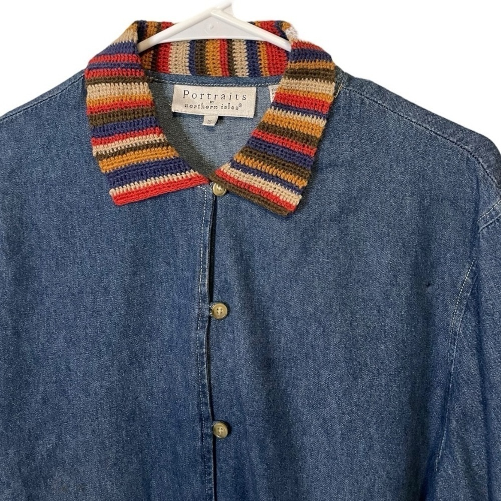 1980s HIPSTER Denim Jean Jacket Blouse Colorful Embroidered Collar Denim Size 18 - Picture 4 of 6